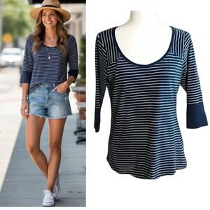 Columbia PFG Shirt Women M Navy Blue Striped 3/4 Sleeve Omni-Wick Fishing Top